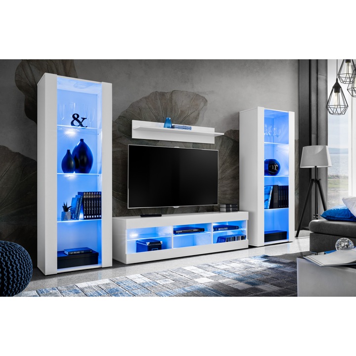 Set Mobila Living Tivoli Set Grande, Komodee, PAL, 250 x 159 x 35 cm, LED albastru, Alb/Alb