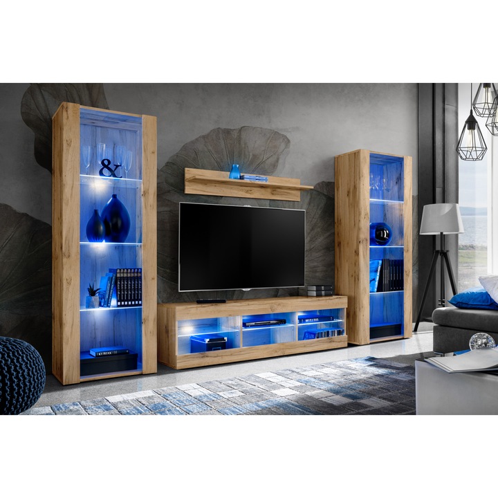 Set Mobila Living Tivoli Set Grande, Komodee, PAL, 250 x 159 x 35 cm, LED albastru, Wotan/Wotan
