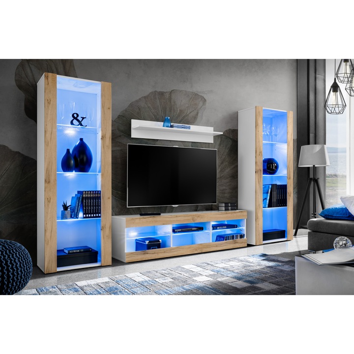 Set Mobila Living Tivoli Set Grande, Komodee, PAL, 250 x 159 x 35 cm, LED albastru, Alb/Wotan