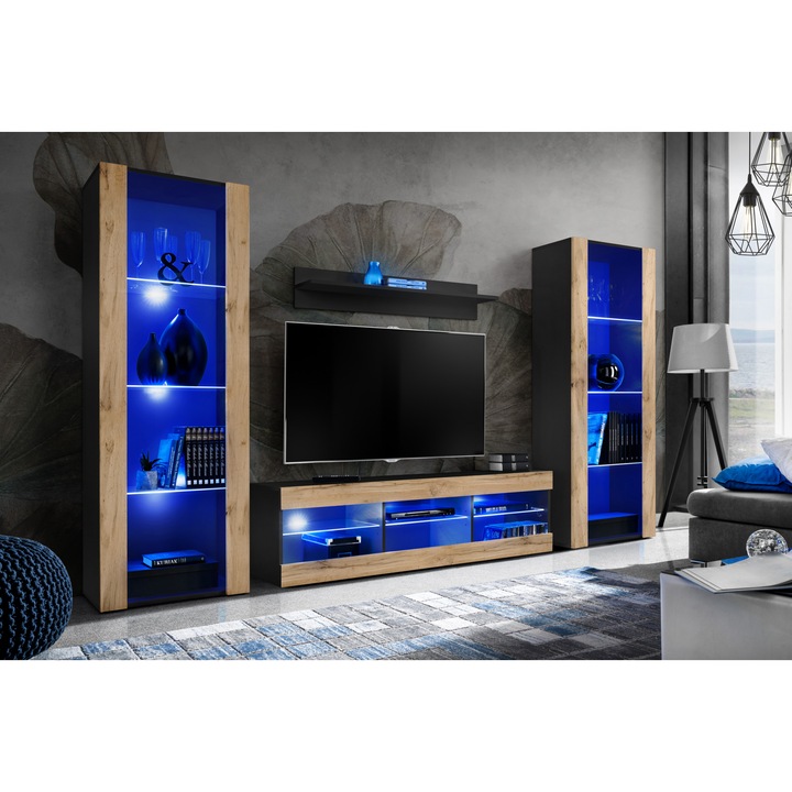 Set Mobila Living Tivoli Set Grande, Komodee, PAL, 250 x 159 x 35 cm, LED albastru, Negru/Wotan