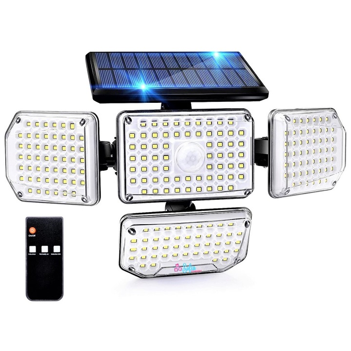 Лампа, Ava Solar Outdoor Sofia CONCEPТ, 430 ултра ярки лумена с 4 регулируеми глави, 1200mAh, IP65, 214 светодиода и сензор за движение, 3 режима на осветяване, 6500K
