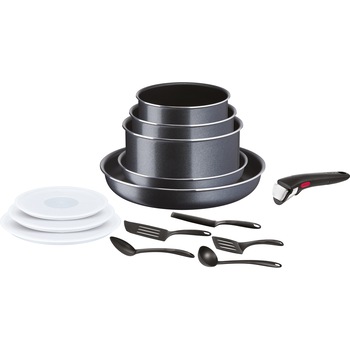 Set vase de gatit 14 piese Tefal XL Force, tigaie 22/28 cm, cratita 16/18/20 cm, 1 maner detasabil, 5 ustensile, 3 capace ermetice 16/18/20 cm