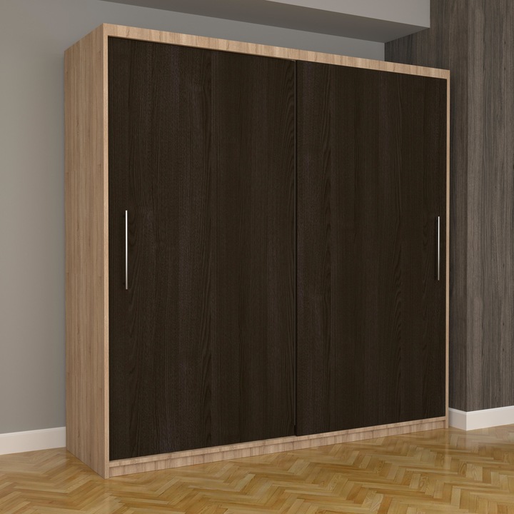 Dulap Dormitor Stefan Eco 200 cm x 200 cm x 61 cm, fara oglinda, sonoma cu usi glisante wenge