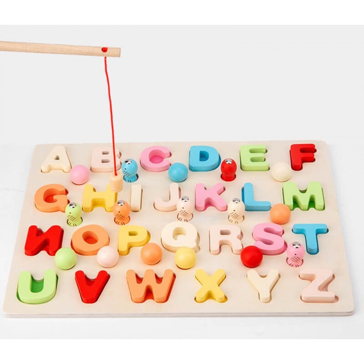 Дървена игра 3 в 1 Alphabet Fishing Bead Montessori, 22,2 см x 30 см x 0,6 см