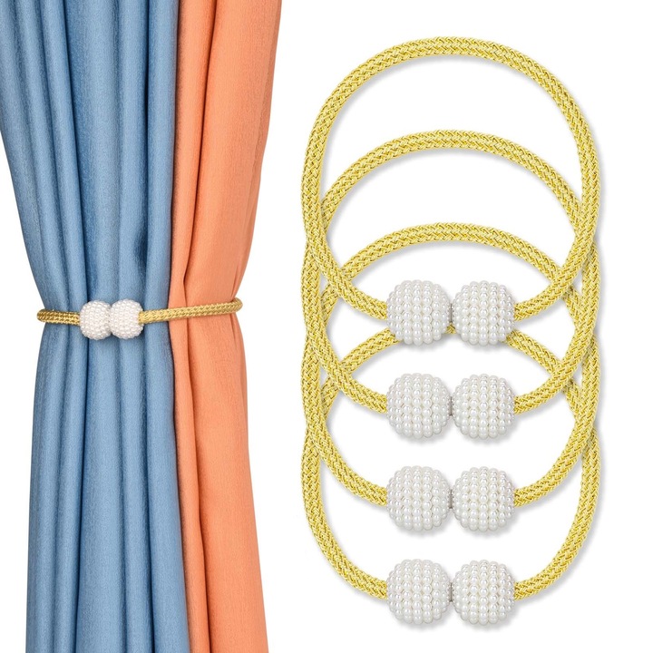 Set 4 magneti decorativi pentru perdele, NUODWELL, Cu catarama cu perle si curea cu textura tesuta, Usor de utilizat, Perfect pentru camera de zi, dormitor, bucatarie, sufragerie, baie si birou, Plastic/Poliester, 48 cm, Auriu
