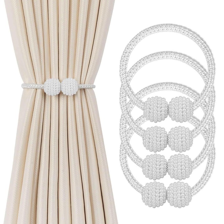 Set 4 magneti decorativi pentru perdele, NUODWELL, Cu catarama cu perle si curea cu textura tesuta, Usor de utilizat, Perfect pentru camera de zi, dormitor, bucatarie, sufragerie, baie si birou, Plastic/Poliester, 48 cm, Alb
