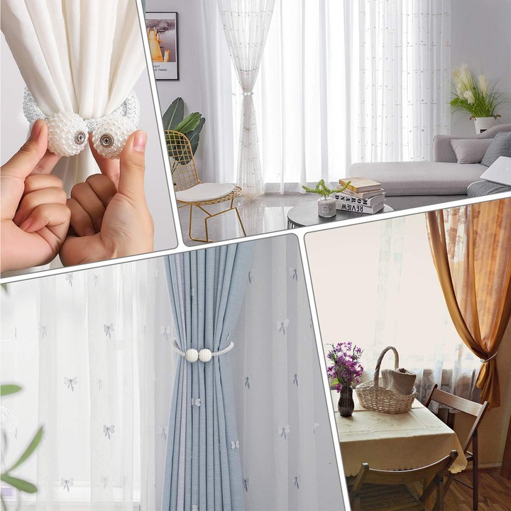 Set 4 magneti decorativi pentru perdele, NUODWELL, Cu catarama cu perle si curea cu textura tesuta, Usor de utilizat, Perfect pentru camera de zi, dormitor, bucatarie, sufragerie, baie si birou, Plastic/Poliester, 48 cm, Alb