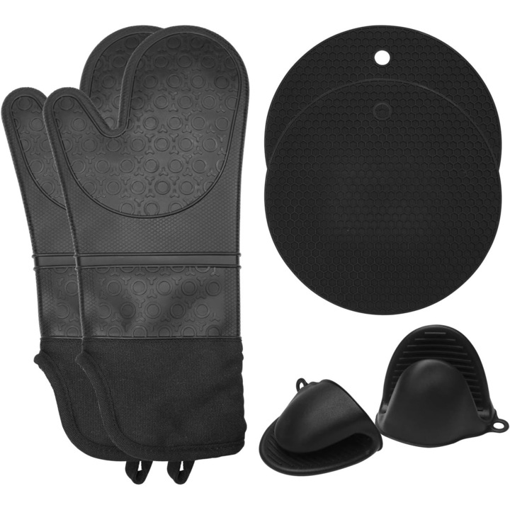 6 db konyhai kiegészítő kesztyű készlet, JENUOS®, szilikon, hőálló, csúszásmentes, max 300°C, fekete