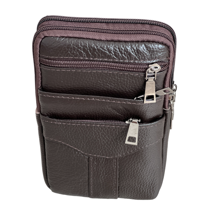 Borseta Curea pentru barbati, Piele Naturala, Maro inchis, 5 compartimente, 12.5 X 19 X 4 Cm