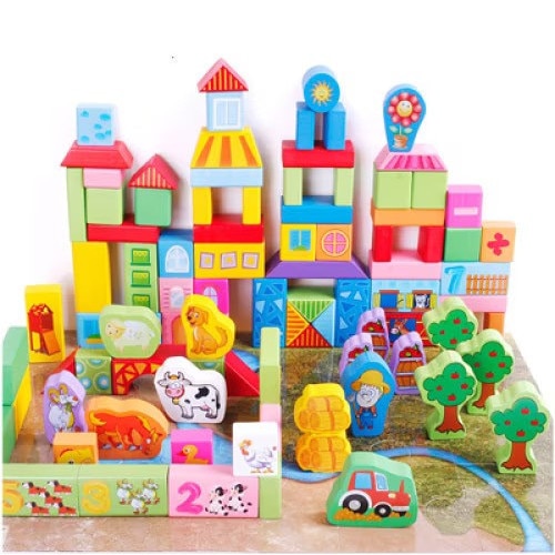 Set 100 de cuburi educative din lemn natural pentru copii® "Ferma ...