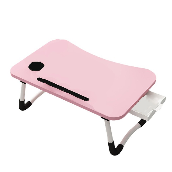 Masuta laptop pentru pat cu suport tableta si pahar, Vaxiuja, sertar lateral, pliabila, 60 x 40 x 28CM, Roz