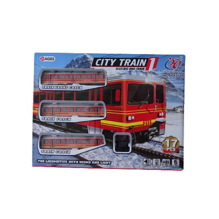Електрическо влакче City Train, С релси, звуци и светлини, Червено, 17 части