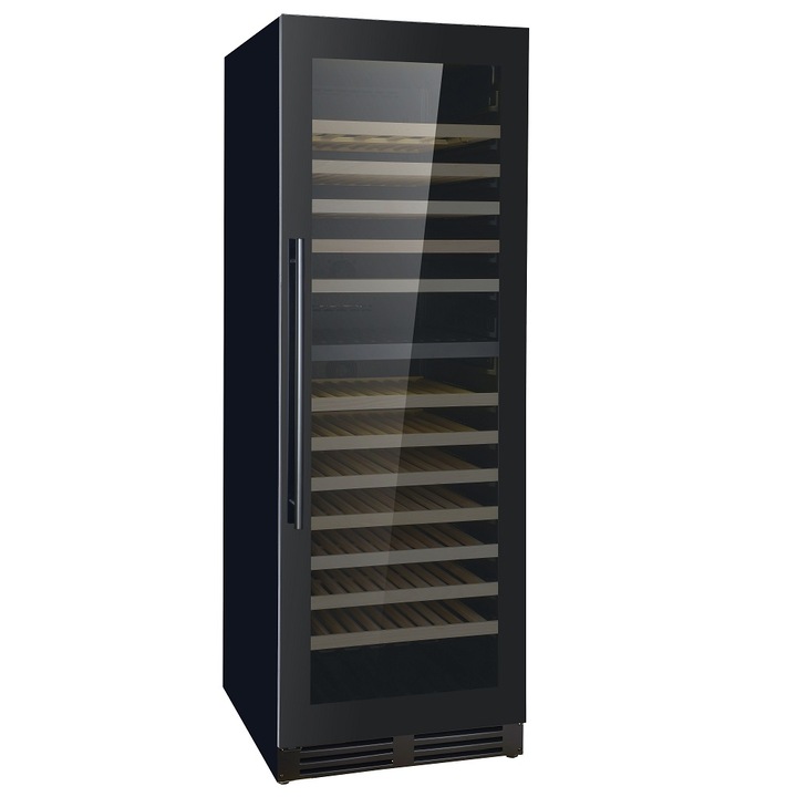 Racitor de vin CombiSteel, H 172 cm, 154 sticle, pentru baruri, magazine, hoteluri, rezidential, doua zone temperatura 5°C-20°C, panou de control digital, 13 rafturi din lemn, racire ventilata, mod stand-by, dezghetare automata, negru