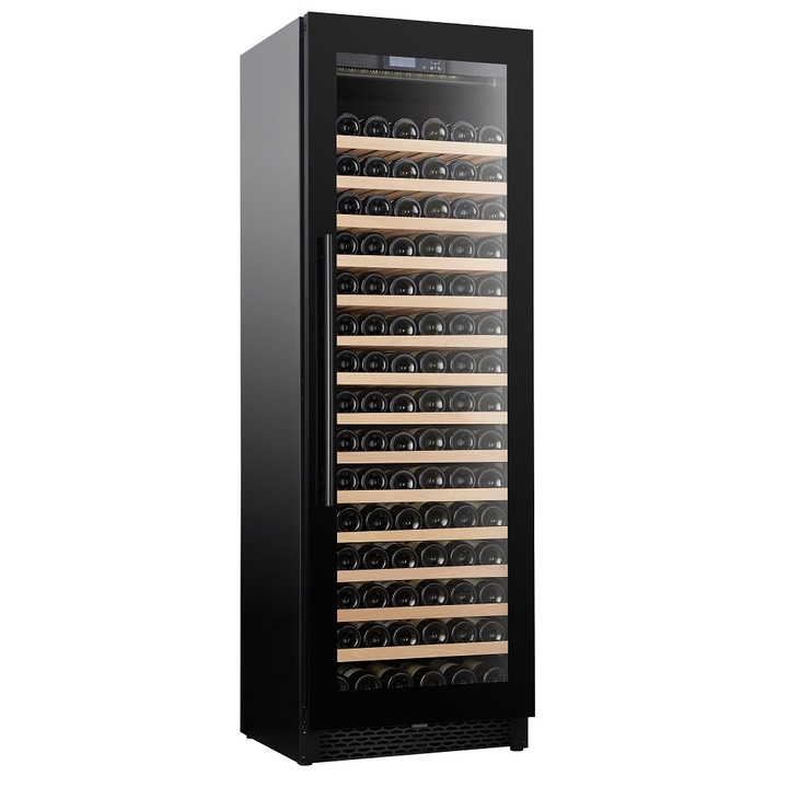 Racitor de vin CombiSteel, H 178 cm, 115 sticle, pentru baruri, magazine, hoteluri, rezidential, temperatura ajustabila 5°C-20°C, panou de control digital, 14 rafturi din lemn, racire ventilata, mod stand-by, dezghetare automata, negru