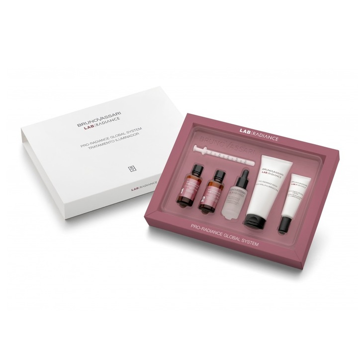 Set ingrijire ten Pro-Radiance Global System Bruno Vassari Lab Radiance: Crema de fata Brightening, 100 ml, Masca iliminatoare, 30 ml, Exfoliating Cleanser, 30 ml, Illuminating Concentrate