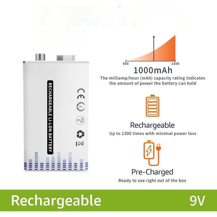 Akkumulátor 9V 6F22, 1000 mAh, Li-ion, USB töltés
