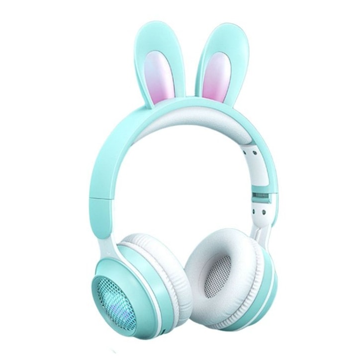 OEM Rabbit Ear Led Light Fülre helyezhető fejhallgató, RGB, vezeték nélküli, Bluetooth 5.0, kényelmes, állítható és összecsukható, világoszöld