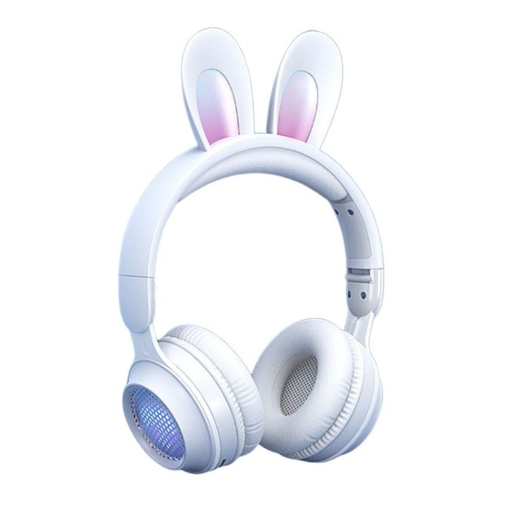 Fül feletti fejhallgató, Rabbit Ear Led Light modell, RGB, vezeték nélküli, Bluetooth 5.0, kényelmes, modern, állítható és összecsukható, fehér