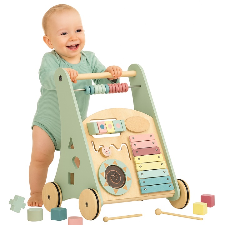 Premergator Song Walker IdealStore, Pentru Copii din Lemn Natural, 3 in 1, Roti anti-alunecare, Nontoxic, Dimeniunea 38x31x45.5 cm, Contine puzzle mobil, Xilofon, Dezvolta abilitati practice, Imaginatia, Culoare verde menta