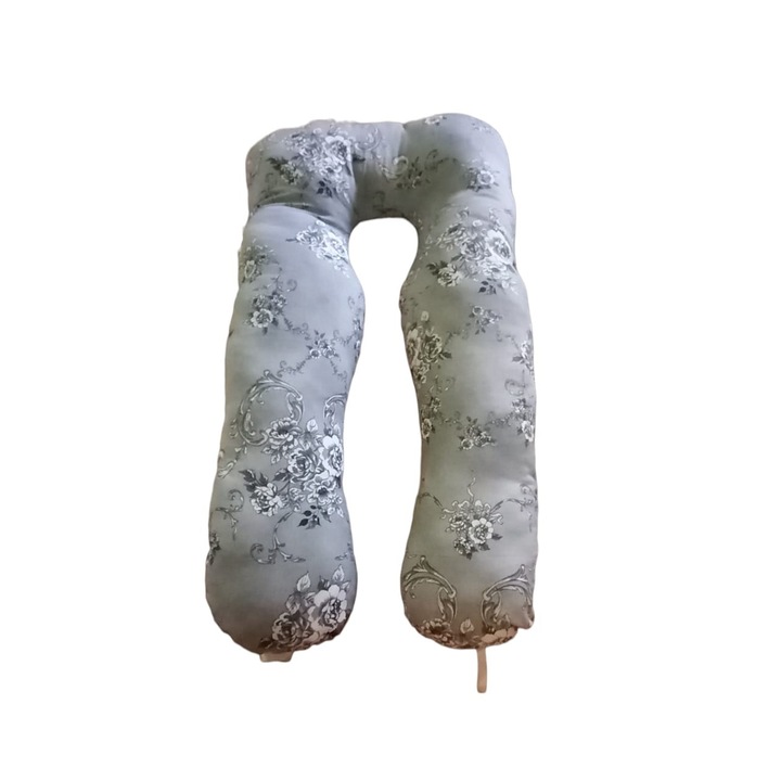 Perna pentru gravide si alaptat, in forma de U, model flori gri