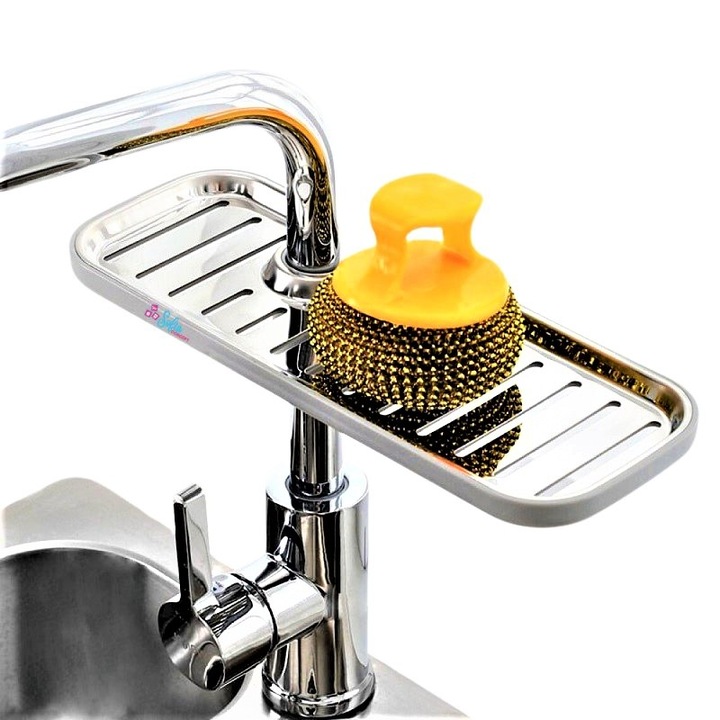 Suport Multifunctional Sofia CONCEPT® pentru Burete Vase si Accesorii bucatarie, cu Prindere pe Baterie, Otel Inoxidabil, Dublu, 28.3 cm x 10.4 cm, Silver