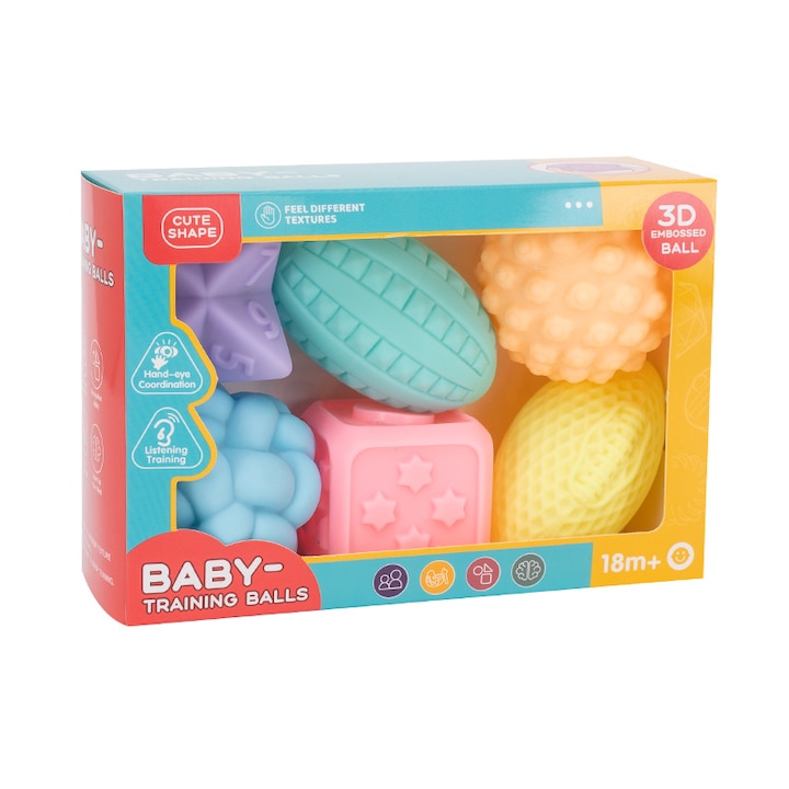 Комплект от 6 сензорни топки за бебета, Jeswo, Гумени, Многоцветни