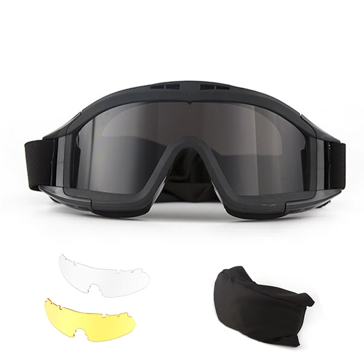 Ochelari de protectie schi/snowboard, Jeswo, Fibra de carbon/Poliester, 2 lentite de schimb, Negru