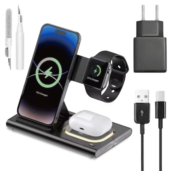 Incarcator Wireless 3 In 1, Ecadro, Fast Charger 15W, Compatibil cu Smartwatch, Casti, Smartphone, Doua Perii de Curatare incluse, Negru Mat, Inclus Adaptor 18W