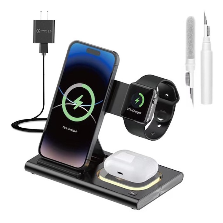 3 az 1-ben vezeték nélküli töltő, Ecadro™️, 15 W-os gyorstöltő, okosórával kompatibilis, fejhallgató, okostelefon, két tisztítókefe, fekete, 18 W-os adapter