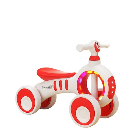 Mini bicicleta fara pedale, Invincio Starter, pentru copii intre 1 si 3 ani, 4 roti din silicon adecvate pentru exterior cat si interior, sarcina maxima 20 kg, muzica si lumini, fara margini ascutite, 60 x 42 cm, alb/rosu