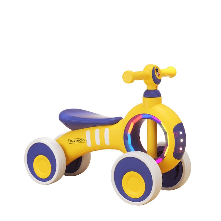 Mini bicicleta fara pedale Invincio Starter, pentru copii intre 1 si 3 ani, 4 roti din silicon adecvate pentru exterior cat si interior, muzica si lumini, fara margini ascutite, culoare galben cu albastru