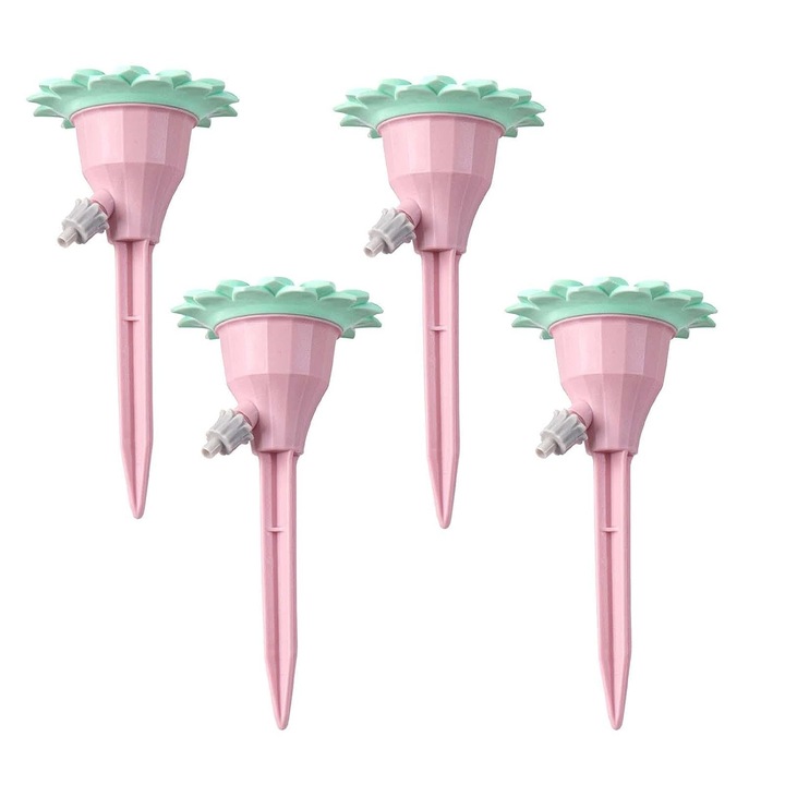 Set 4 picuratoare cu valva pentru irigare Flippy, design floare, viteza reglabila, fixare prin infigere, practic, 16.8 x 9 cm, roz