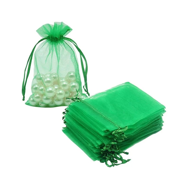 Комплект от 100 подаръчни торбички с шнурове, за бижута, от органза, за бонбони за сватбено парти, 10x15 см, зелено