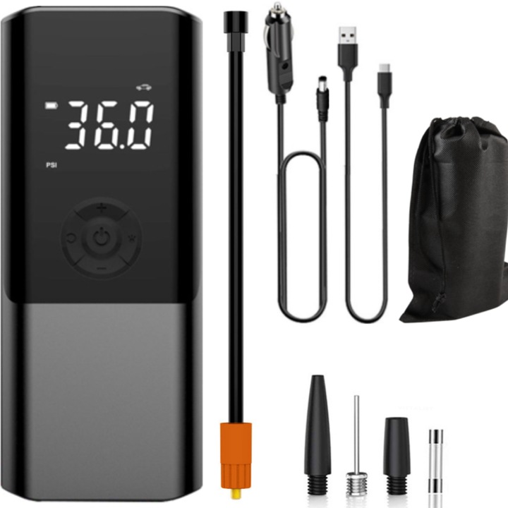 Hordozható Autókompresszor VITTALIST Fast Air, Intelligens Elektromos Pumpa, Multifunkcionális, 6000mAh Akkumulátor, Power Bank Funkcióval, Autó-, Motor-, Kerékpárgumikhoz, Labdákhoz, Matracokhoz, Fekete