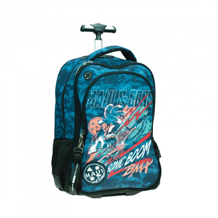 Troller scoala/calatorie Maui and Sons Bmx, cu trei compartimente, buzunare laterale pentru sticla, bretele ergonomice