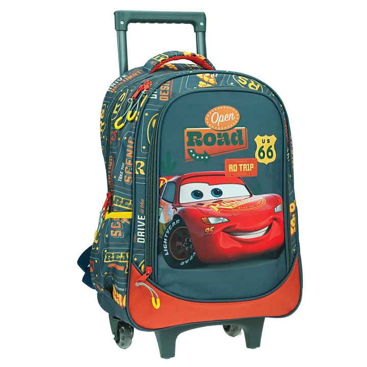 Troller scoala Disney Cars Road 66, cu trei compartimente, buzunare laterale pentru sticla, bretele ergonomice
