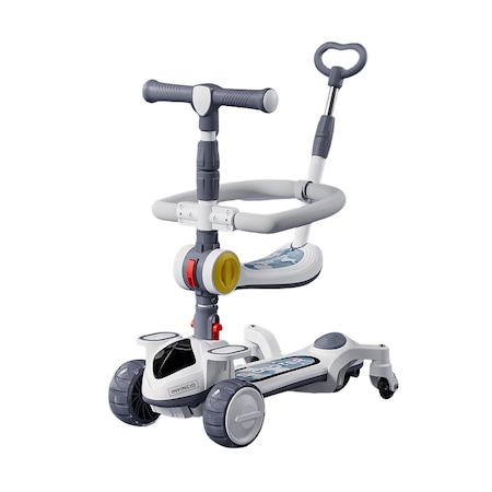 Trotineta multifunctionala 4 in 1 Invincio Scooter, 1-6 ani, 4 functii de trotineta simpla sau cu ajutor, sezut rabatabil, ghidon reglabil pe inaltime, maner parinte reglabil, roti de silicon, roti ajutatoare demontabile, muzica, lumini, alb cu gri petrol