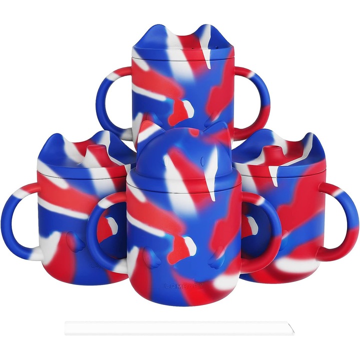 Set 4 cani din silicon alimentar, LYASIL, pentru bebelusi si copii mici, cu manere duble, 100% fara BPA, sigure la microunde, lavabile in masina de spalat vase, 227 ml, culoare albastru/alb/rosu