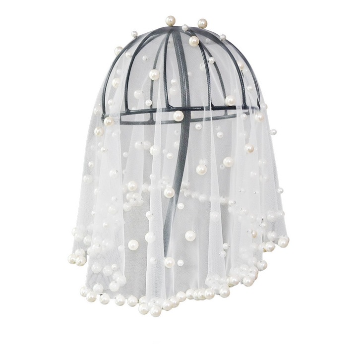 Voal de mireasa scurt, rotund, cu bordura de perle mari albe VA10 Alb