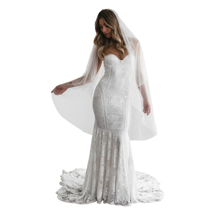 Voal de mireasa lung pana la degete, rotund, presarat cu margelute albe, 1m V05 Alb