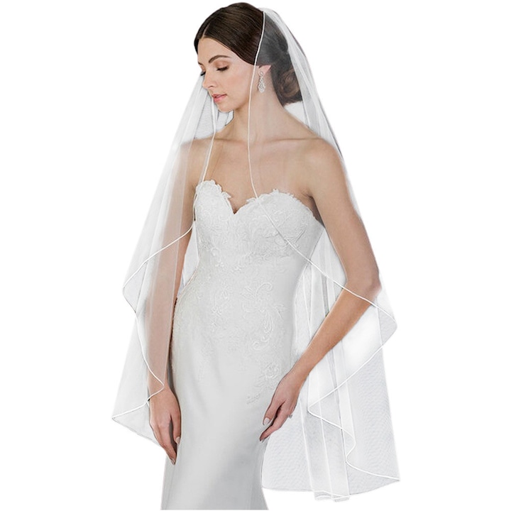 Voal de mireasa lung pana la gambe, simplu, rotund, cu marginea tivita V14 1.5m Alb