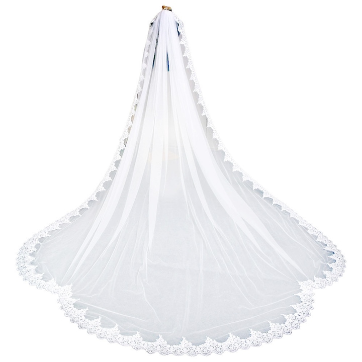 Voal de mireasa stil Catedrala, lat, cu broderie florala aplicata pe margine V152 Alb
