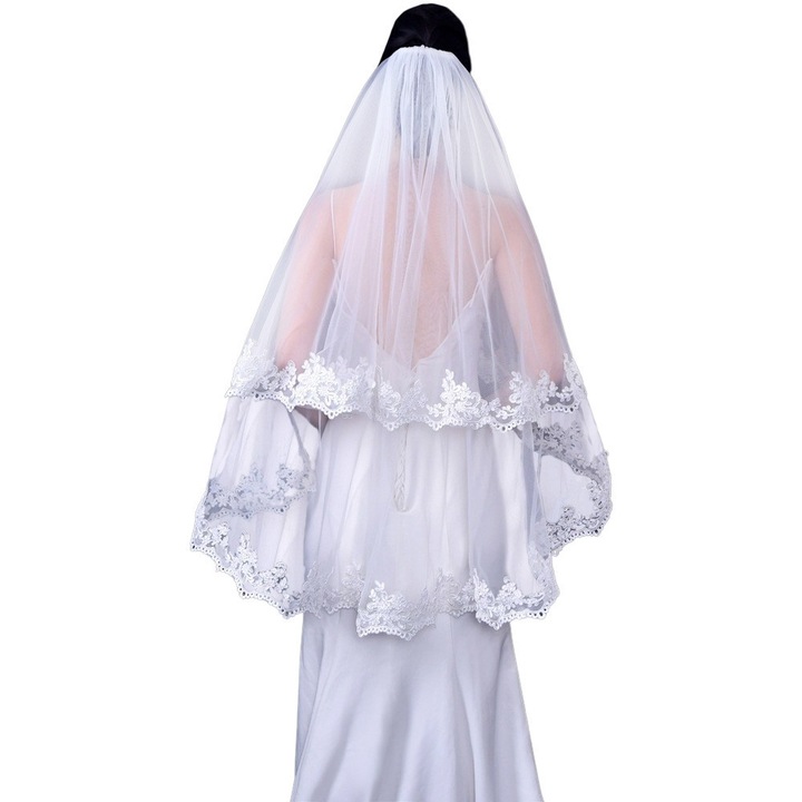 Voal de mireasa lung pana la degete, dublu, rotund, bordurat cu dantela aplicata V79 Alb