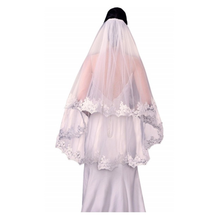 Voal de mireasa lung pana la degete, dublu, rotund, bordurat cu dantela aplicata V79 Ivoire