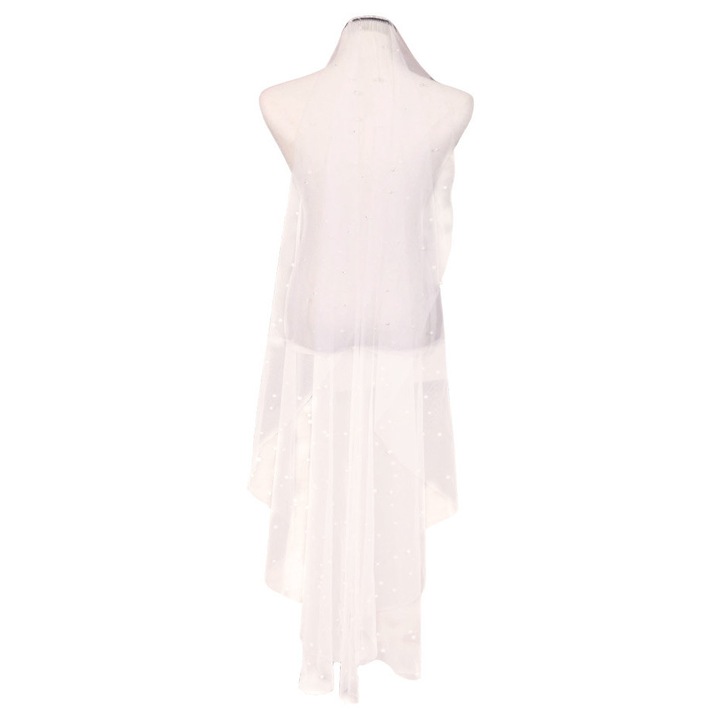 Voal de mireasa lung pana la gambe, simplu, rotund, presarat cu perle 150cm V05 Ivoire