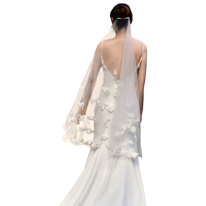 Voal de mireasa lung pana la degete, simplu, rotund, cu flori si broderie aplicate V52 Ivoire