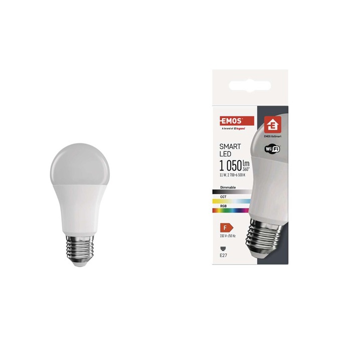 Смарт RGBW LED крушка EMOS GoSmart EM-ZQW515R, Wi-Fi, A60, Димируема, E27, 11W (75W), 1050 lm, Бяла и цветна светлина (2700-6500K), Енергиен клас F