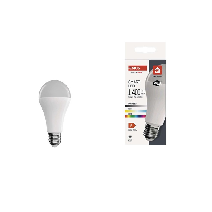 Смарт RGBW LED крушка EMOS GoSmart EM-ZQW516R, Wi-Fi, A65,Димируема, E27, 14W (94W), 1400 лумена, Бяла и цветна светлина(2700-6500K), Енергиен клас F
