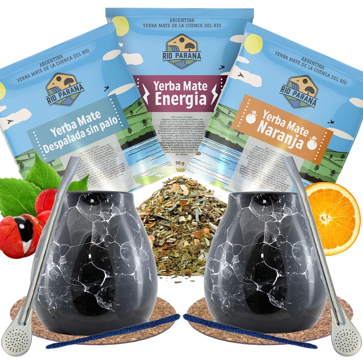 Yerba Mate Tea, Készlet Rio Parana, 3 x 50 g Kerámia bögre 300 ml, Bombilla