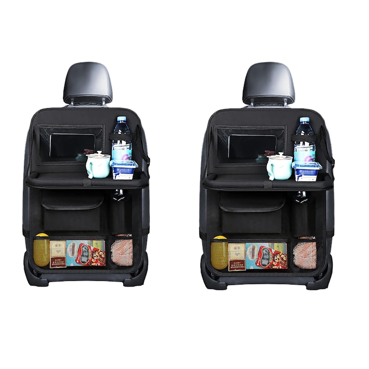 Set 2 organizator pentru Scaun Auto, zggzerg, spate Oxford rezistent la apa, cu raft de masa pliabil, capacitate portanta ridicata, Multiple Spatii Depozitare, Negru